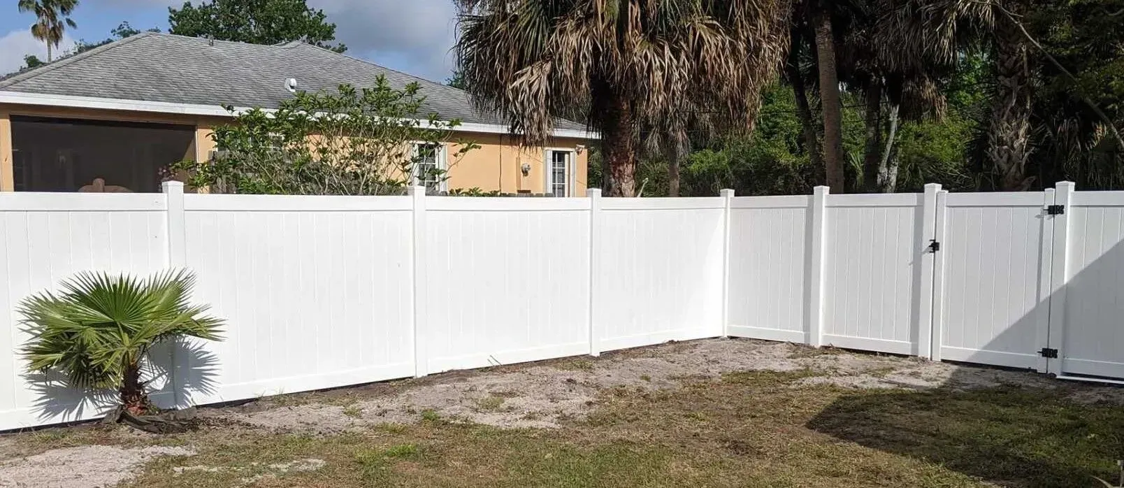 White vinyl fence in a backyard. Palm tree and gate present. House visible in the background.