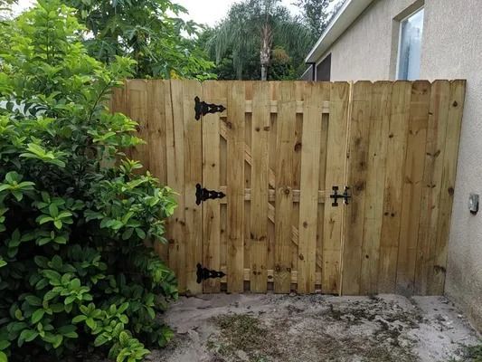 Wooden gate in a backyard, attached to a house. Black hinges and latch. Green bush to the left.
