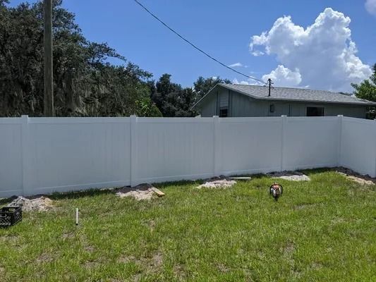 White vinyl fence in grassy backyard, a dog walks toward the viewer on a sunny day.