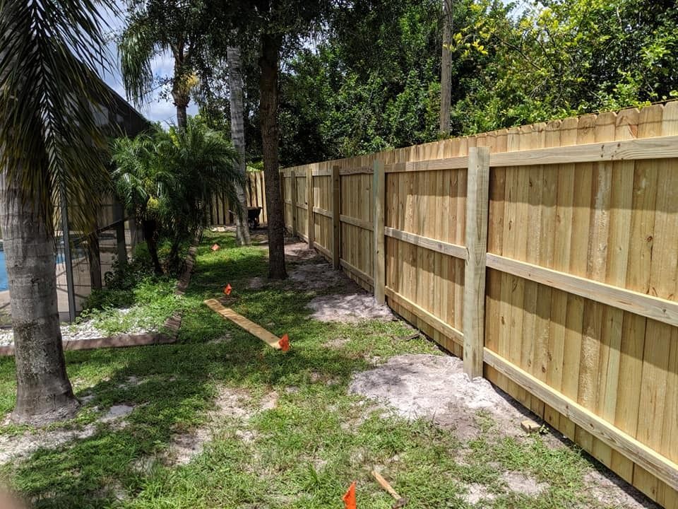 Wooden fence in a backyard with trees and grass, on a sunny day.