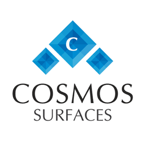Cosmos Surfaces logo with blue geometric diamond icon and black text on white background