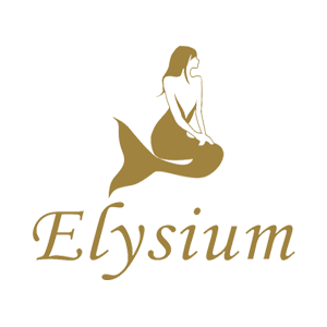 Gold mermaid logo with the word “Elysium” in elegant script