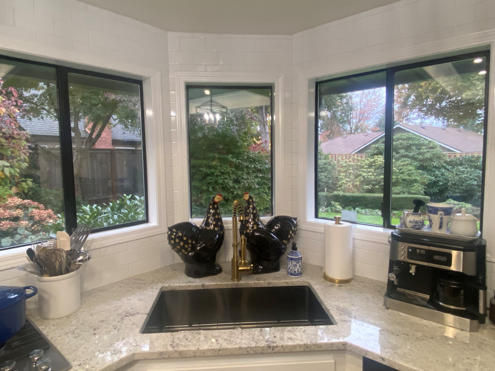 Kitchen with a corner sink, granite countertops, and windows overlooking a backyard. Two rooster statues flank the faucet.