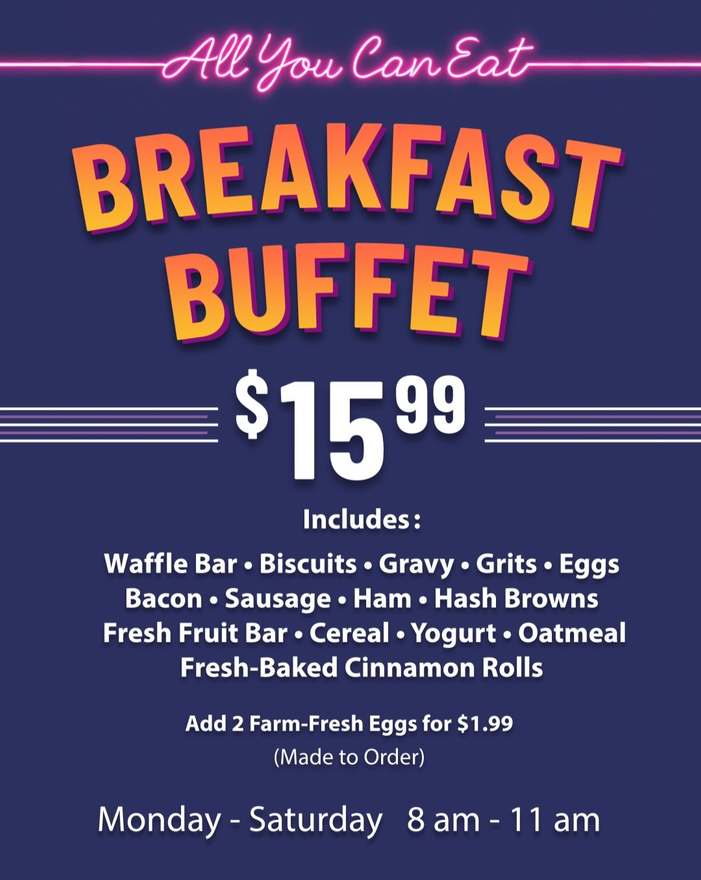 Restaurant ad for breakfast buffet, dark blue and pink, showing $15.99 price and Sunday hours.