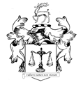 A black and white drawing of a coat of arms with scales of justice on it.