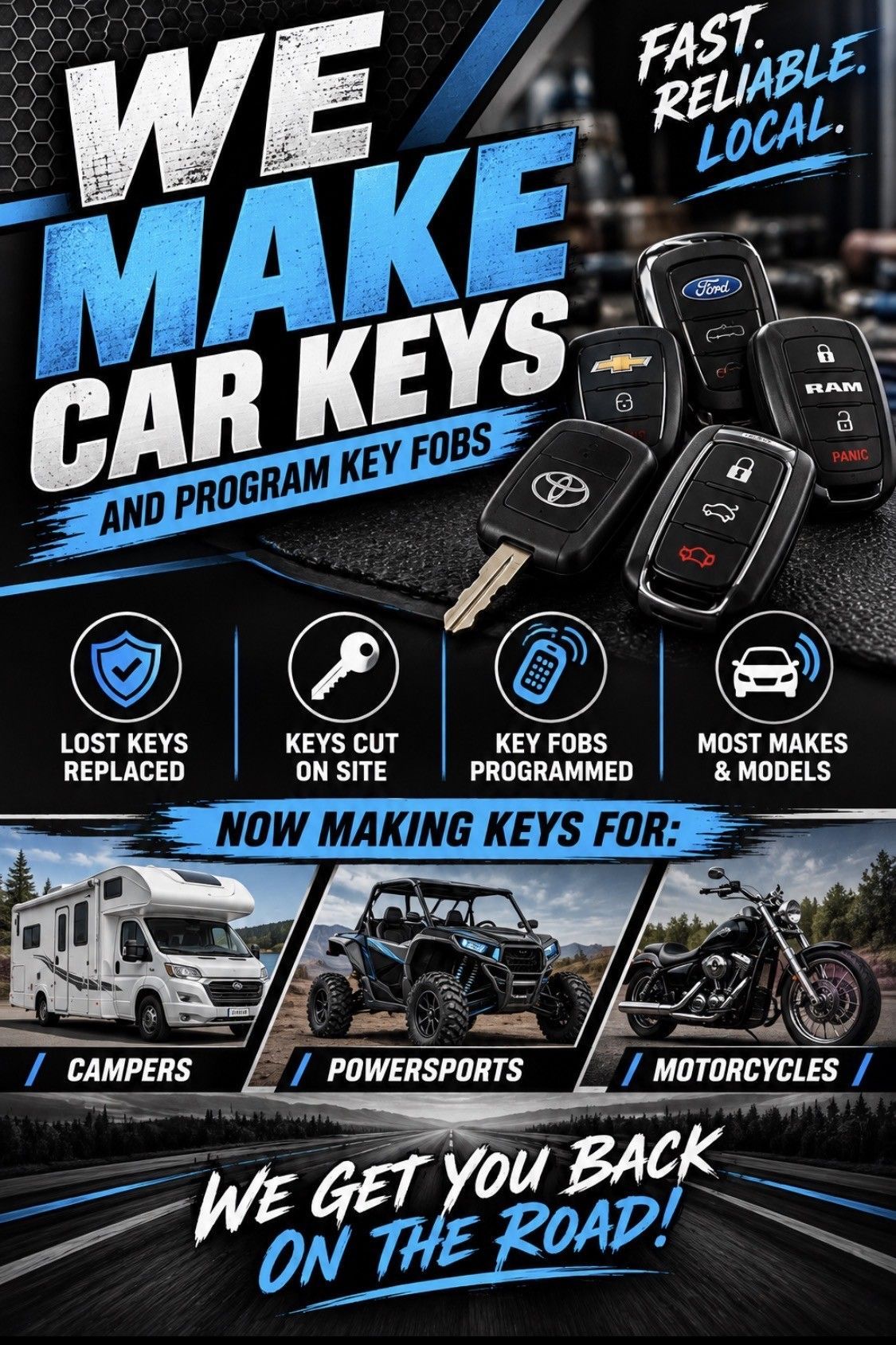Car key and key fob replacement ad with bold blue text and multiple black key fobs, promoting fast local service.