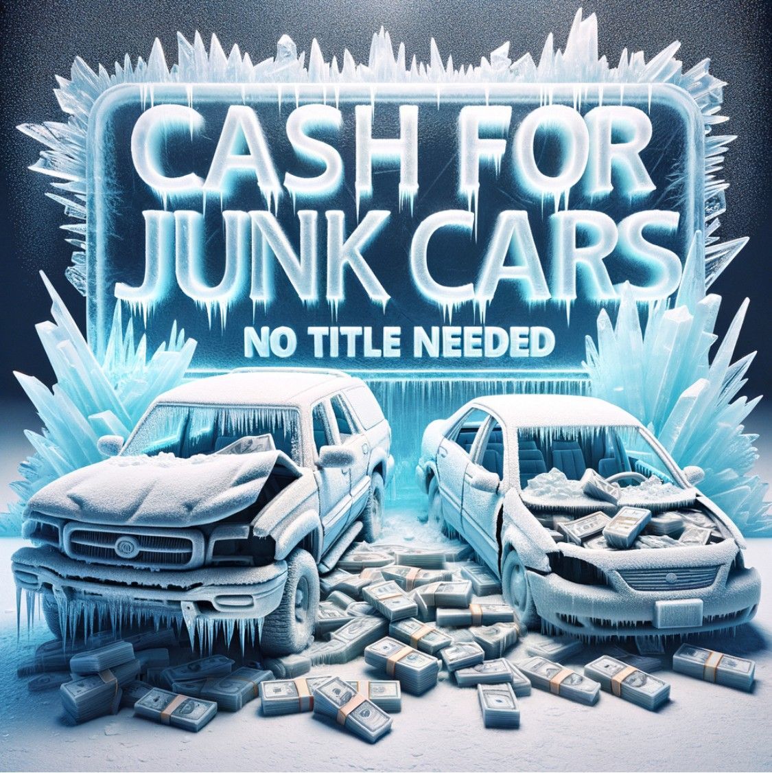 Frozen advertisement for Cash for Junk Cars with damaged cars and cash bundles.