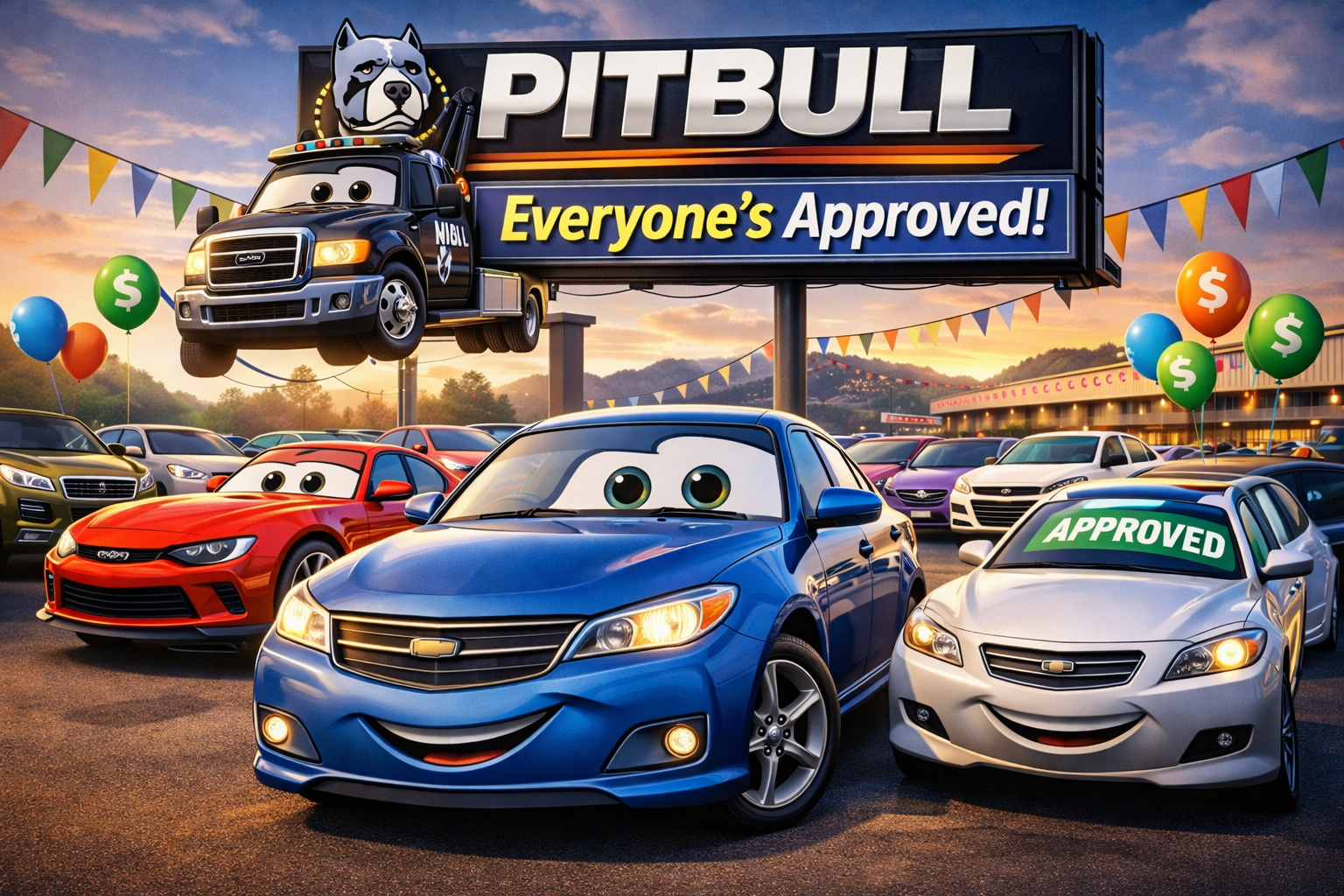Cars-themed car dealership with smiling vehicles. Sign reads 