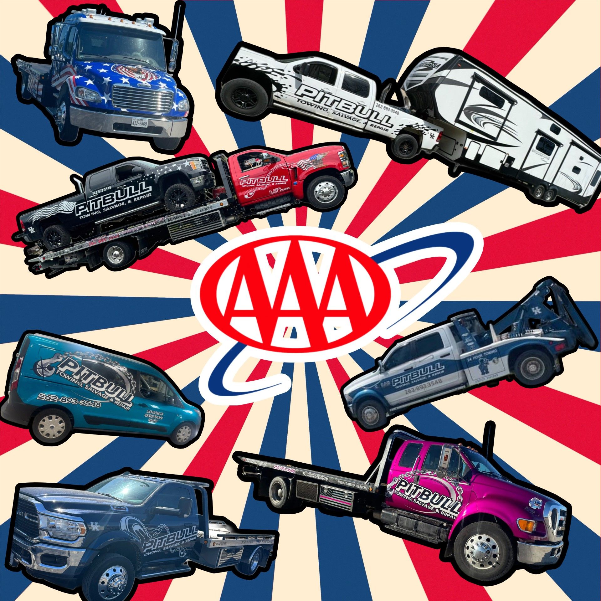 AAA logo surrounded by colorful tow trucks and vans.