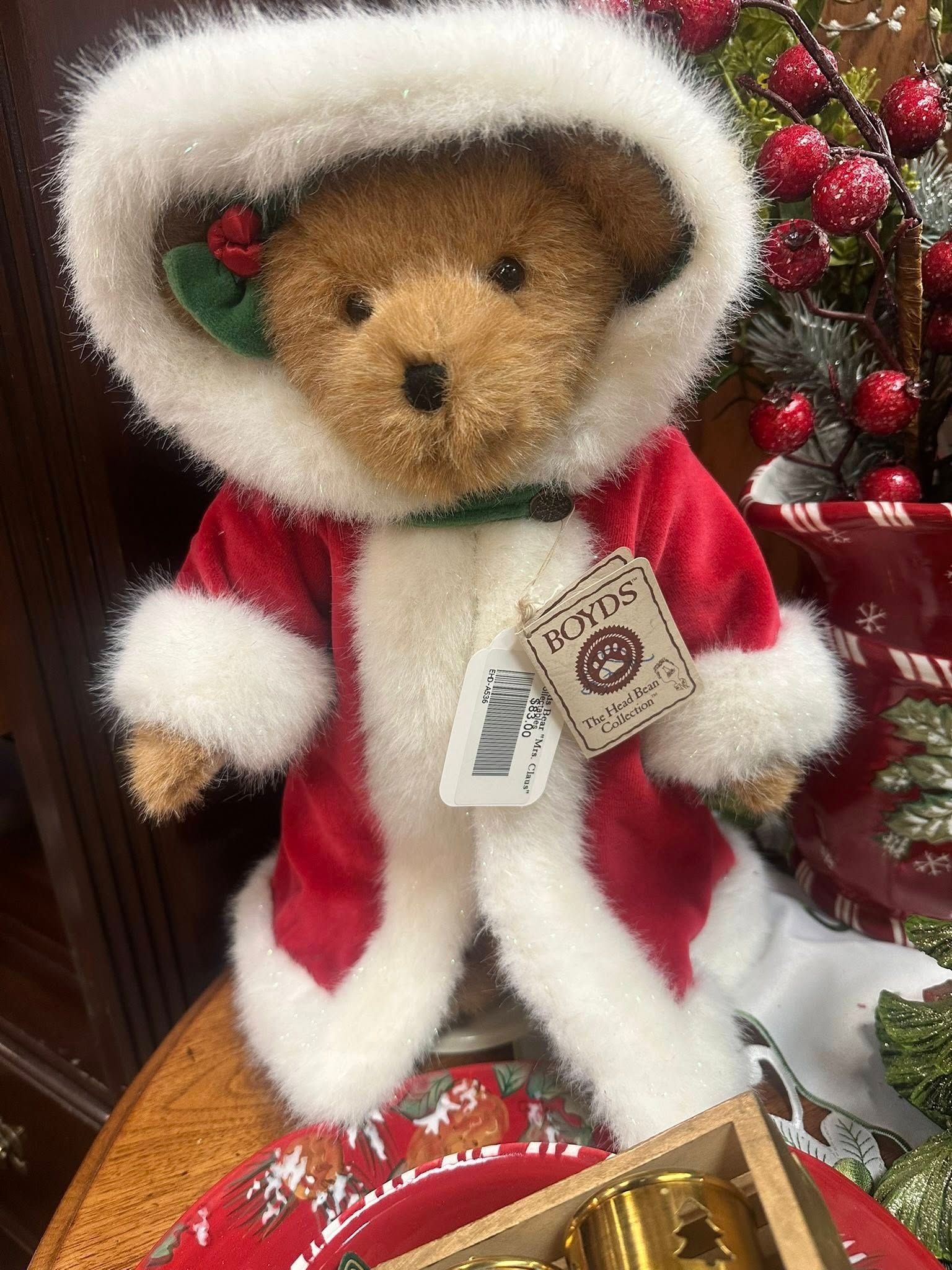 Teddy bear in red Santa coat with white fur trim, wearing a hood.