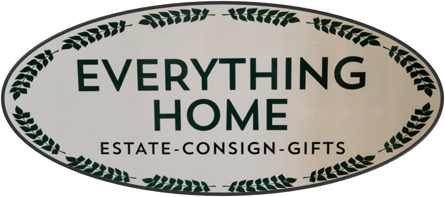 Sign for "Everything Home," an estate, consign, and gifts store, in an oval shape with leafy border.
