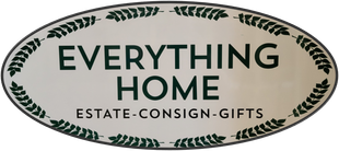 Sign for "Everything Home," an estate, consign, and gifts store, in an oval shape with leafy border.