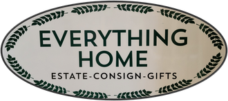 Sign for "Everything Home," an estate, consign, and gifts store, in an oval shape with leafy border.