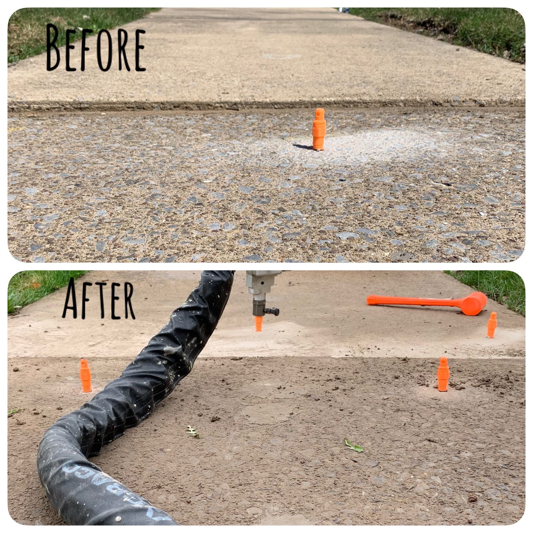 Before-and-after driveway repair: cracked gravel surface replaced with smooth concrete, orange markers visible.