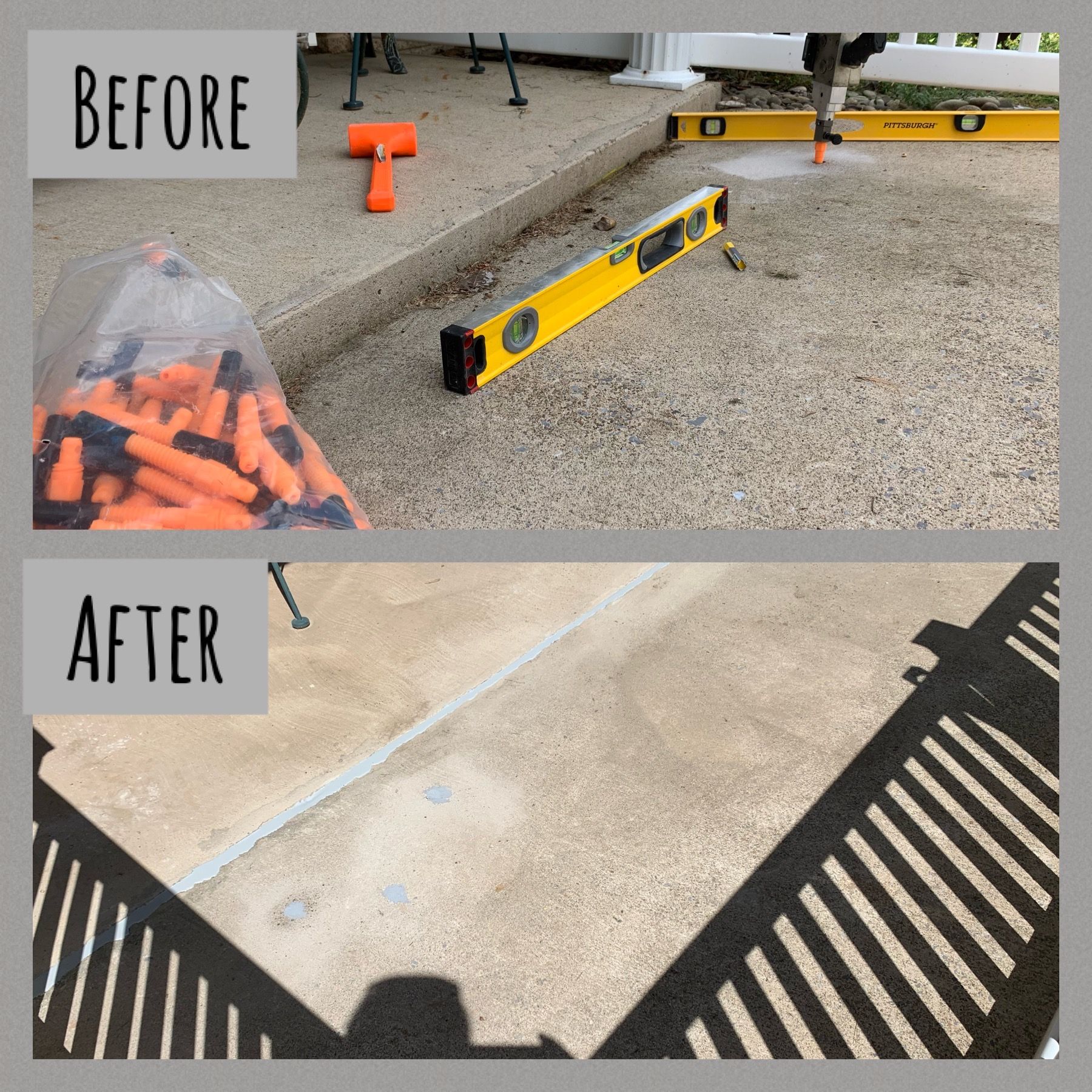 Before-and-after concrete repair: cracked sidewalk patched smooth near a fence shadow.