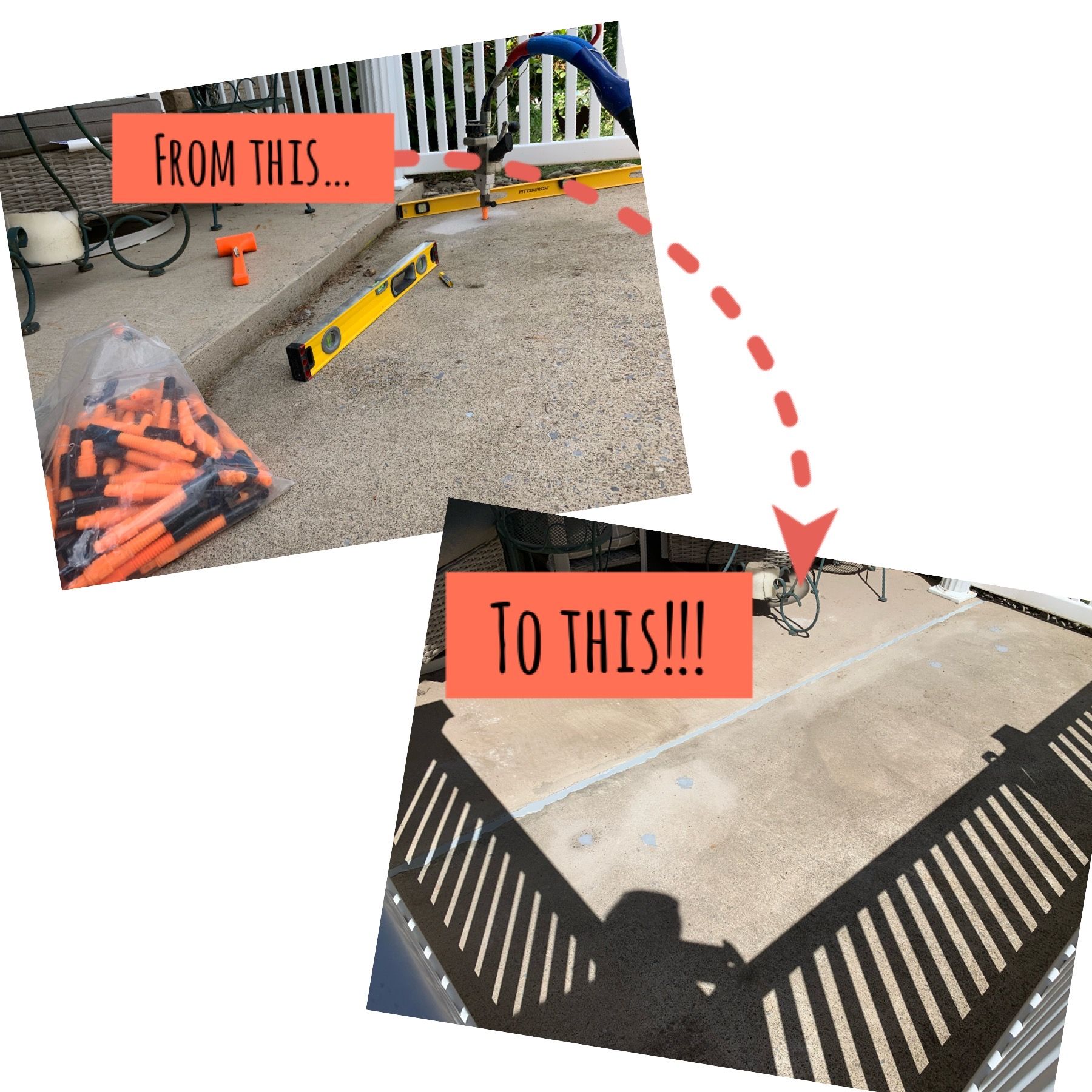 Before-and-after of a concrete corner being cleaned and painted black with white diagonal stripes.