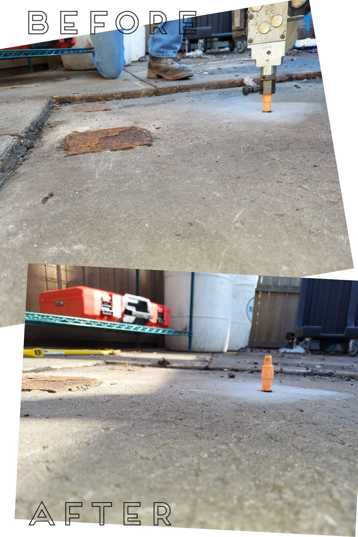 Before-and-after of a concrete floor with a repaired hole in an industrial workspace.