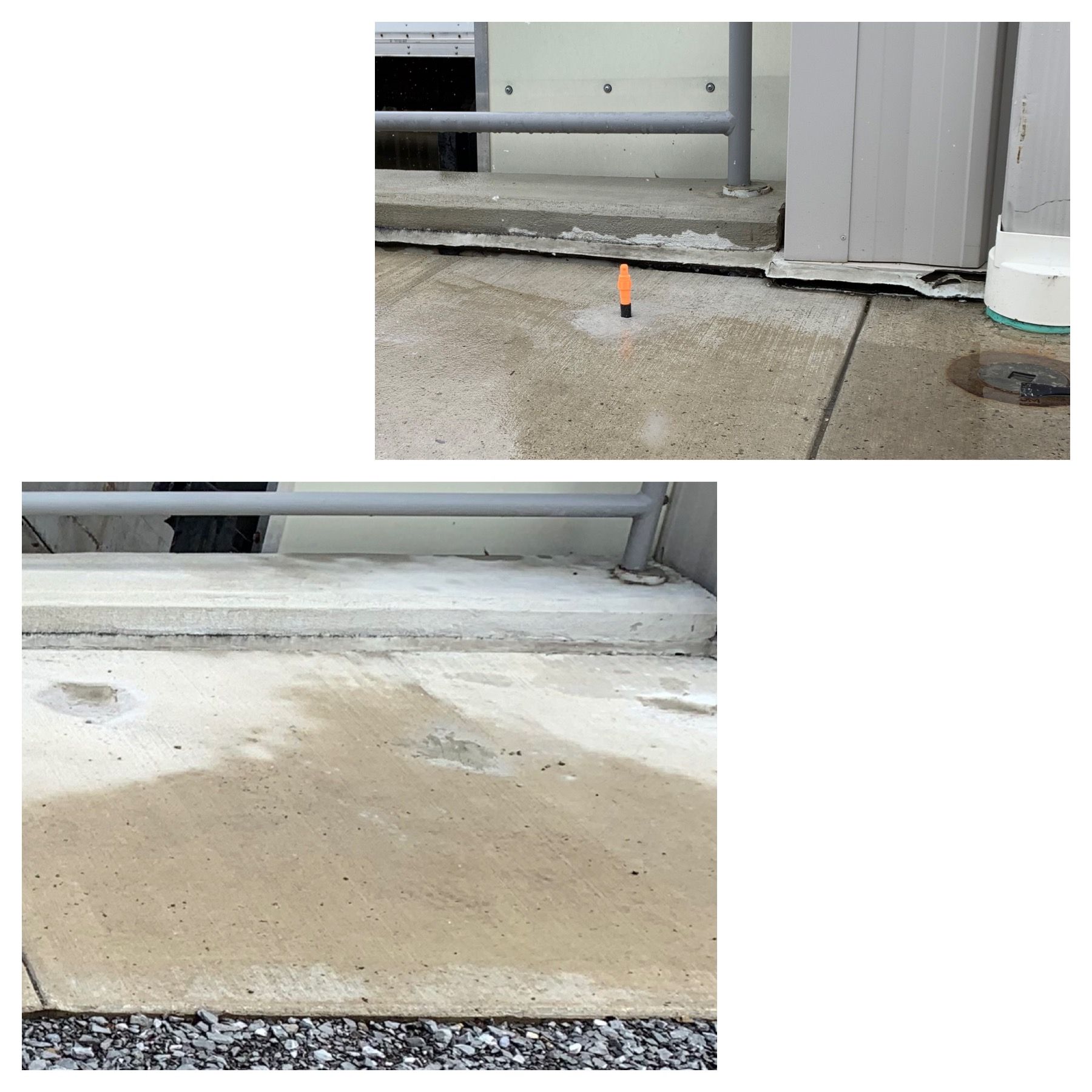 Damaged concrete threshold with cracked edge and orange marker pin near a building entrance