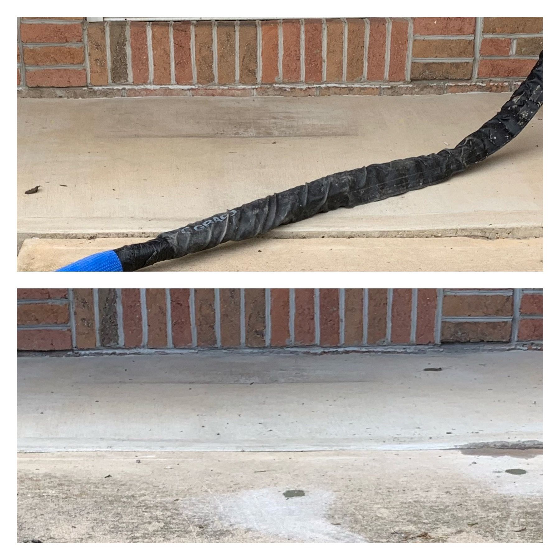 Before and after: a thick black cable/hoseline removed from a concrete sidewalk by a brick wall.