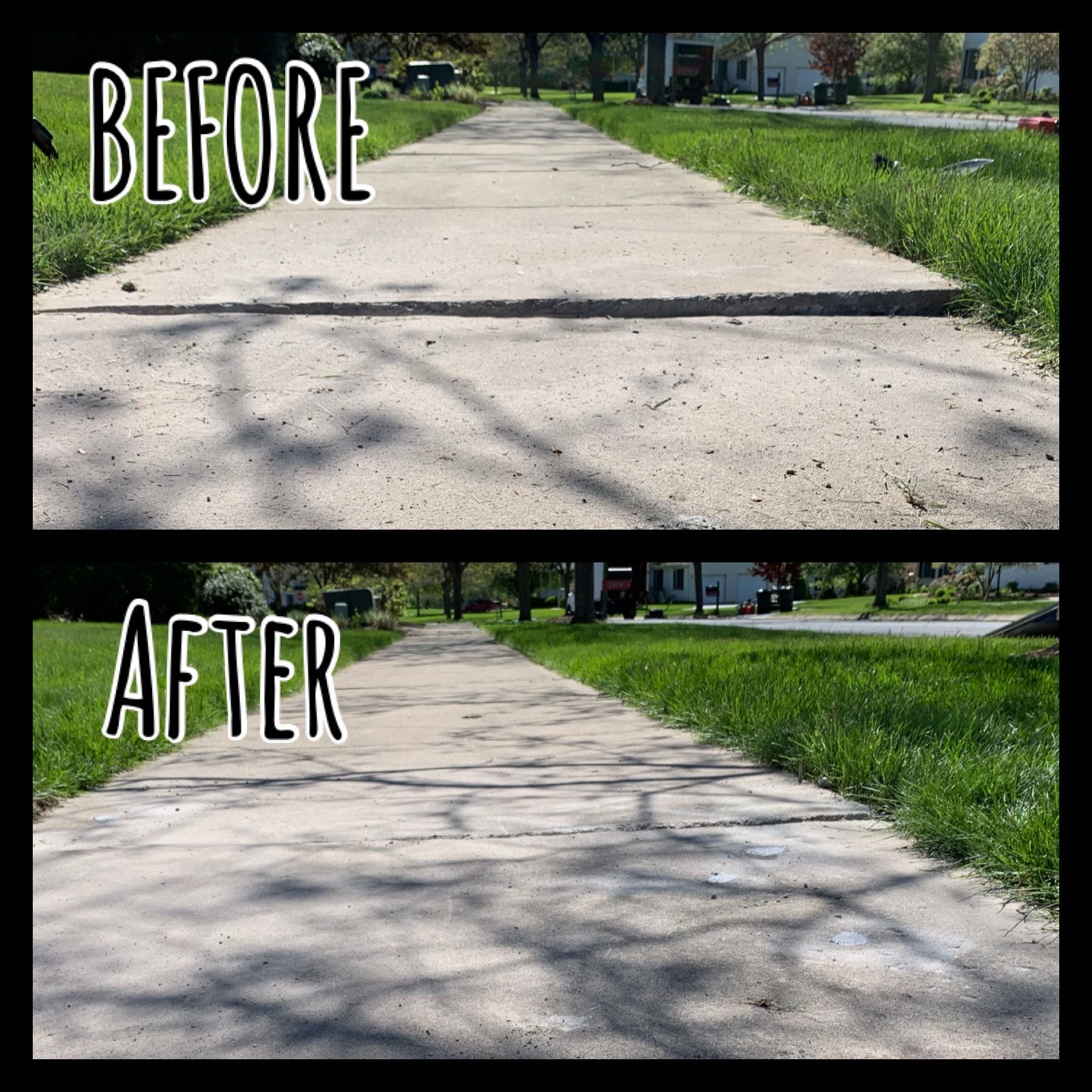Before-and-after sidewalk repair, showing cracked concrete repaired with smoother surface and fewer cracks.