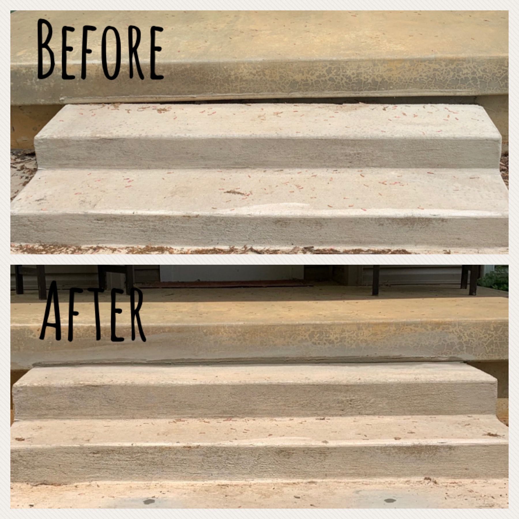 Before-and-after photo of painted concrete steps, showing a cleaner finish on the lower set.