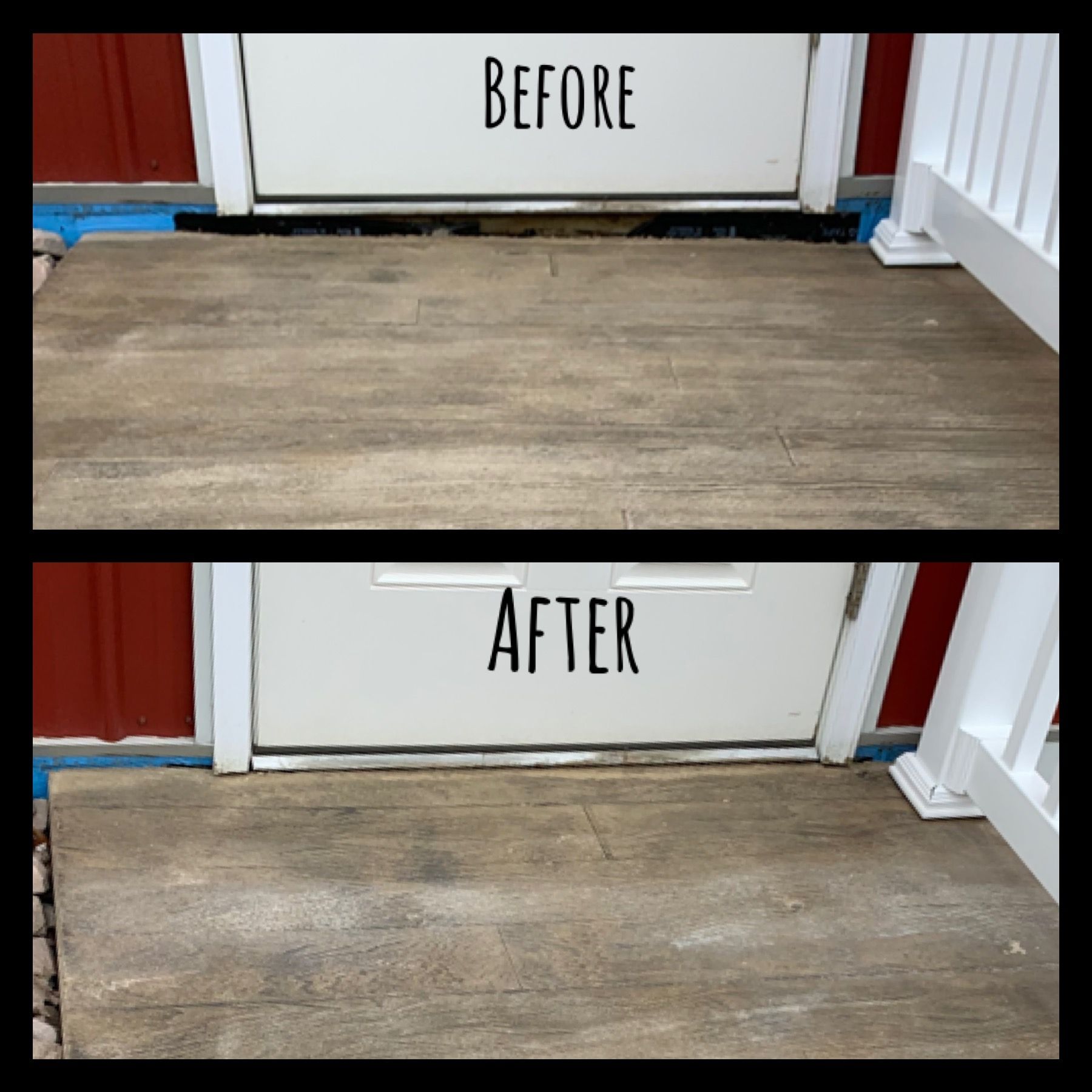 Before-and-after comparison of a worn wooden doorstep and floor near a white door.