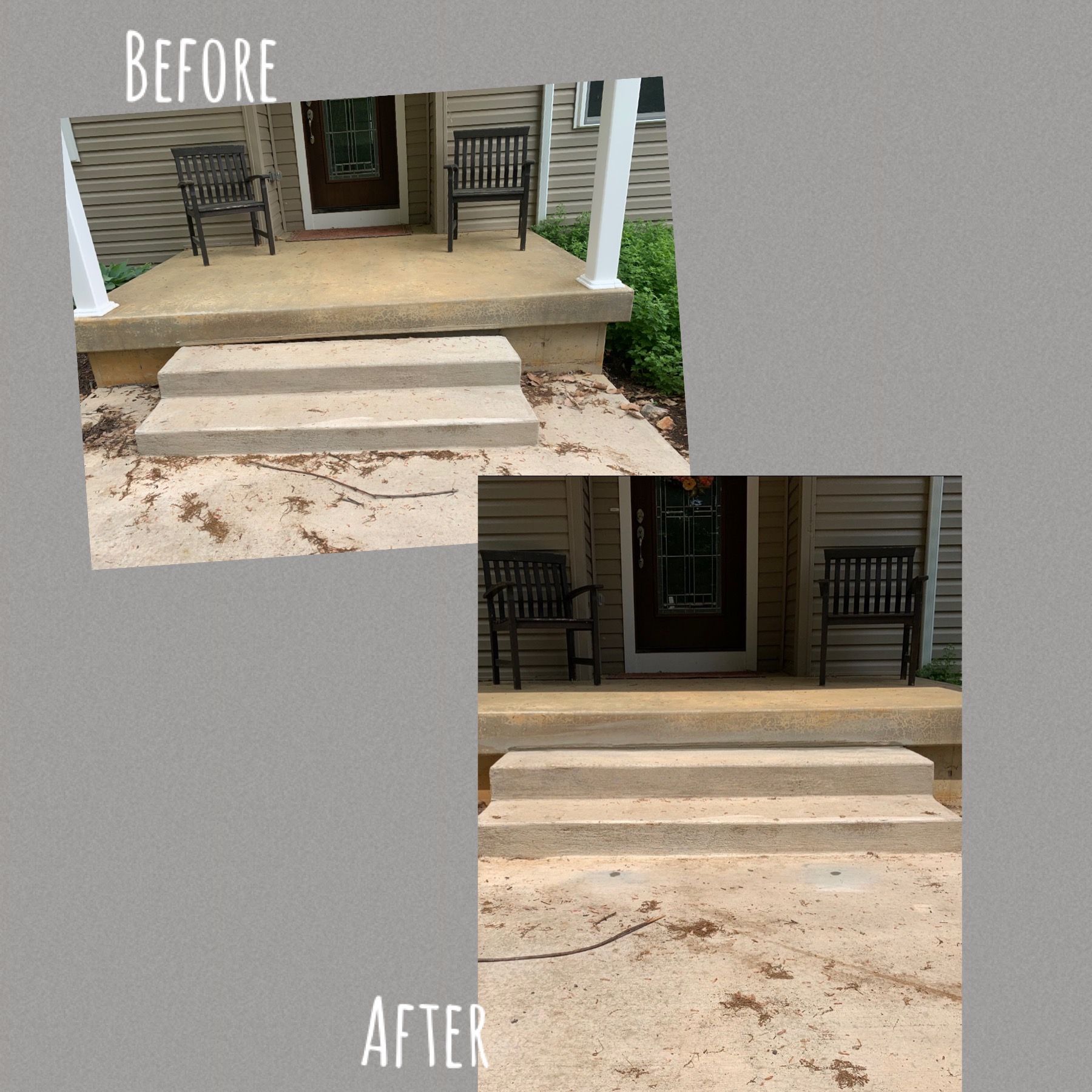 Before-and-after porch step modification showing a reduced step height for accessibility.
