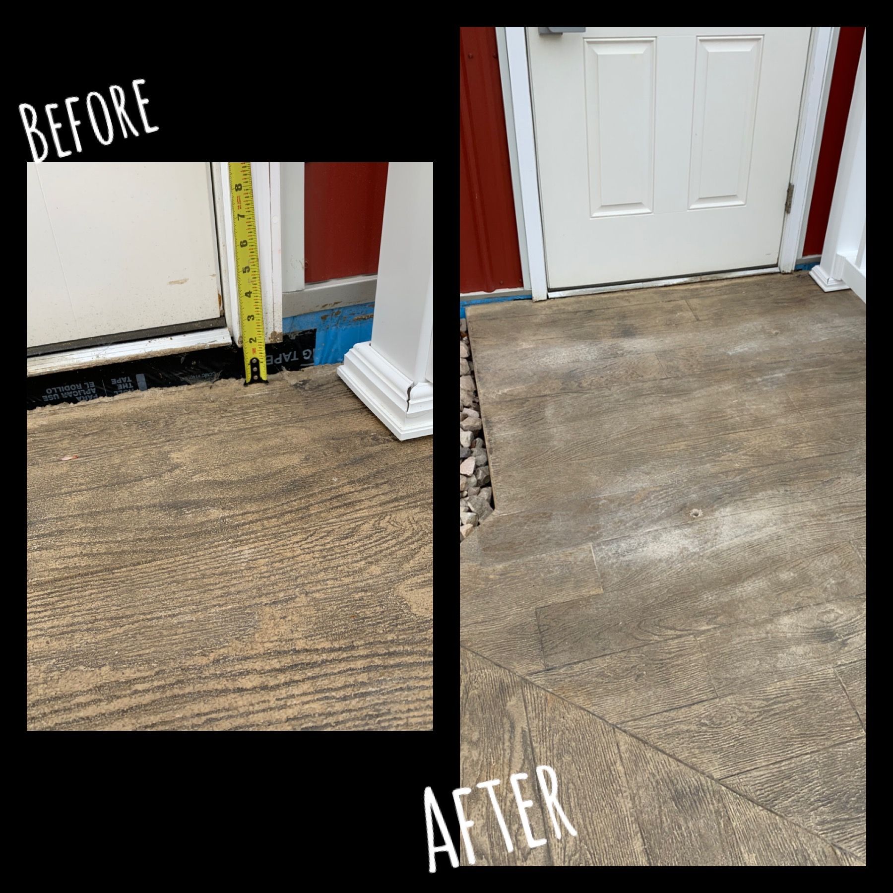 Before-and-after of a worn floor refinished to a cleaner, smoother surface near a white door.