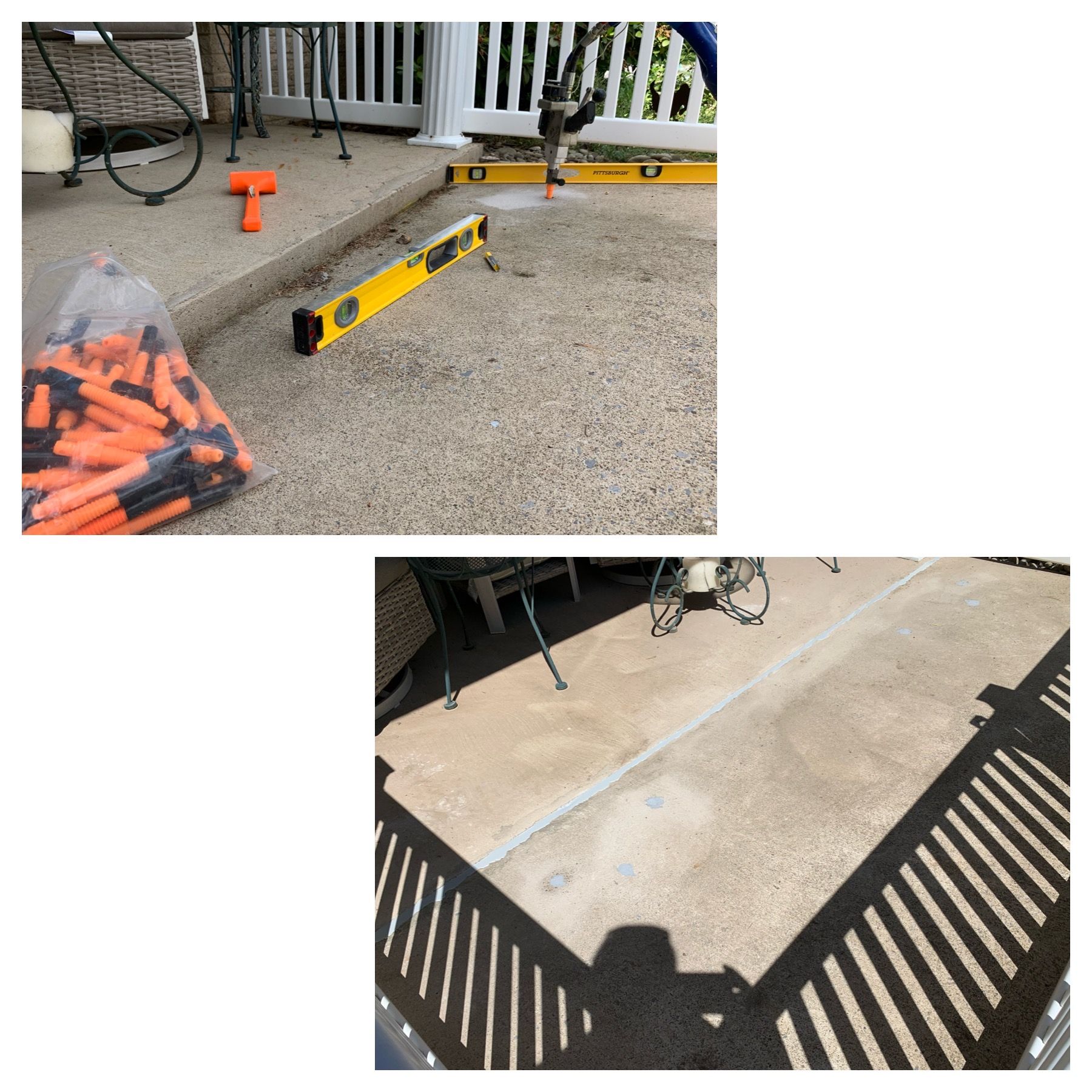 Two photos of a patio: a bag of orange straps and level tools, plus a sunlit concrete slab with railing shadows.