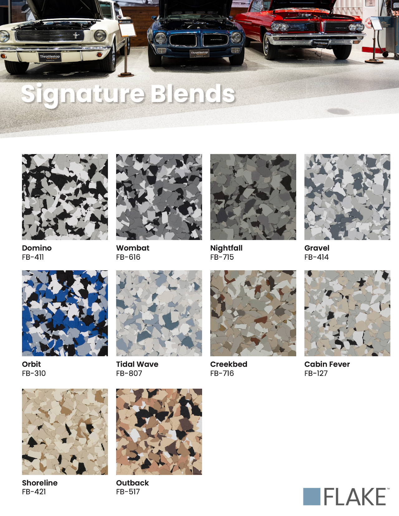 Color swatch chart titled “Signature Blends” with several flake paint samples in gray, blue, beige, and tan.