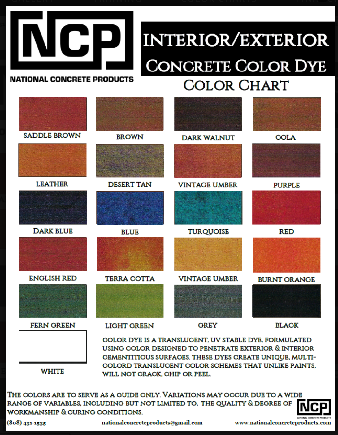 Concrete color chart for interior/exterior dye, showing multiple labeled stain color swatches.