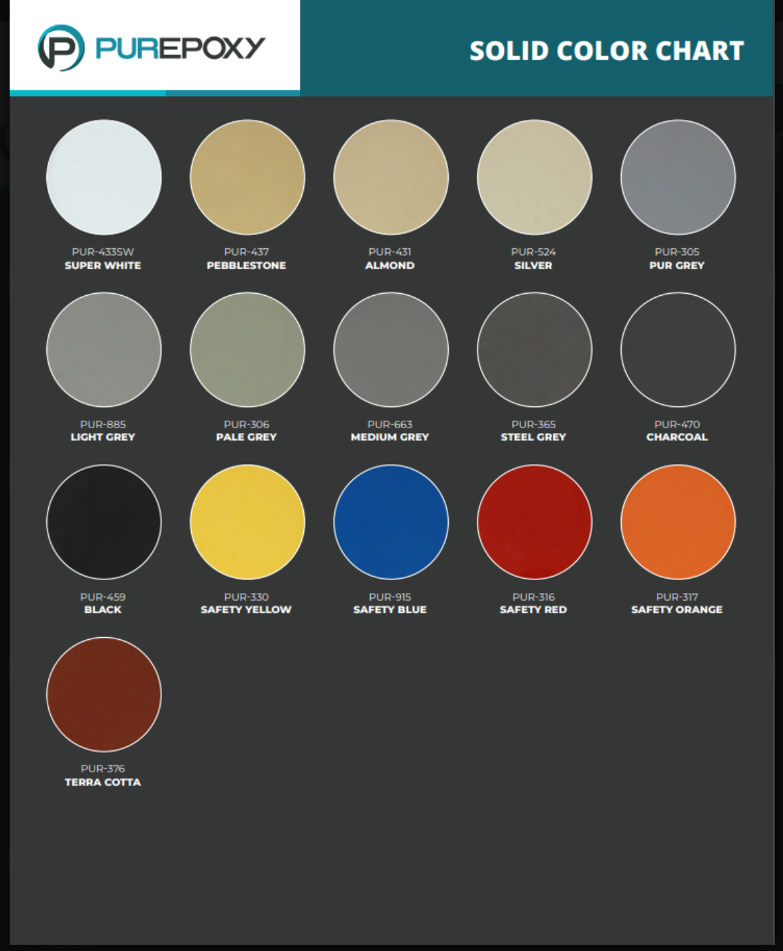 Purepoxy solid color chart with labeled circular swatches in white, beige, gray, black, yellow, blue, red, and orange.