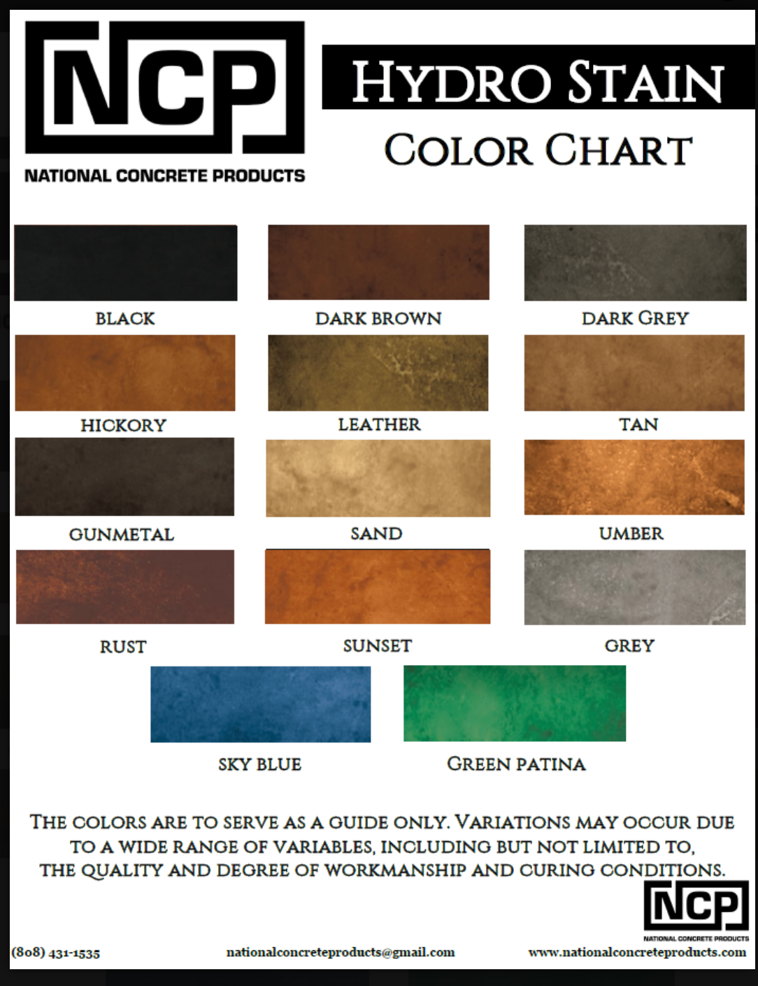 NCP Hydro Stain color chart with 12 wood stain swatches on white background