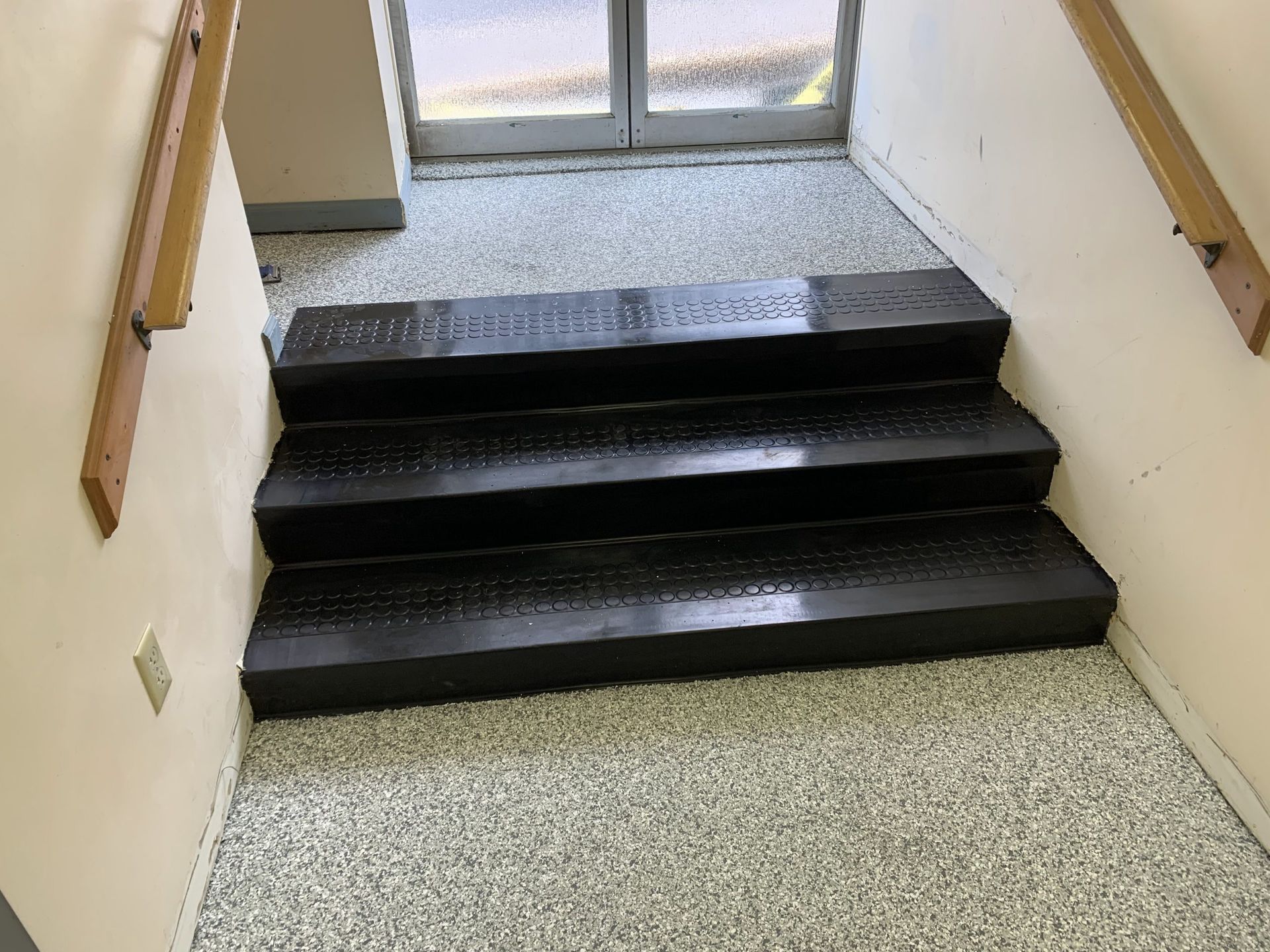 Indoor stairway with four black steps leading to a glass door, framed by beige walls and handrails.