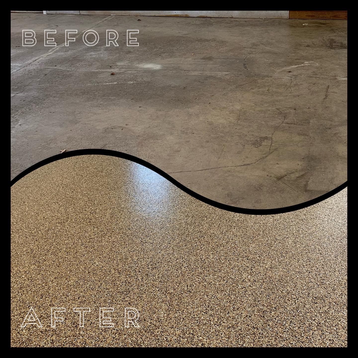 Before-and-after of a concrete floor: worn gray surface above, speckled tan finish below, separated by a wavy line