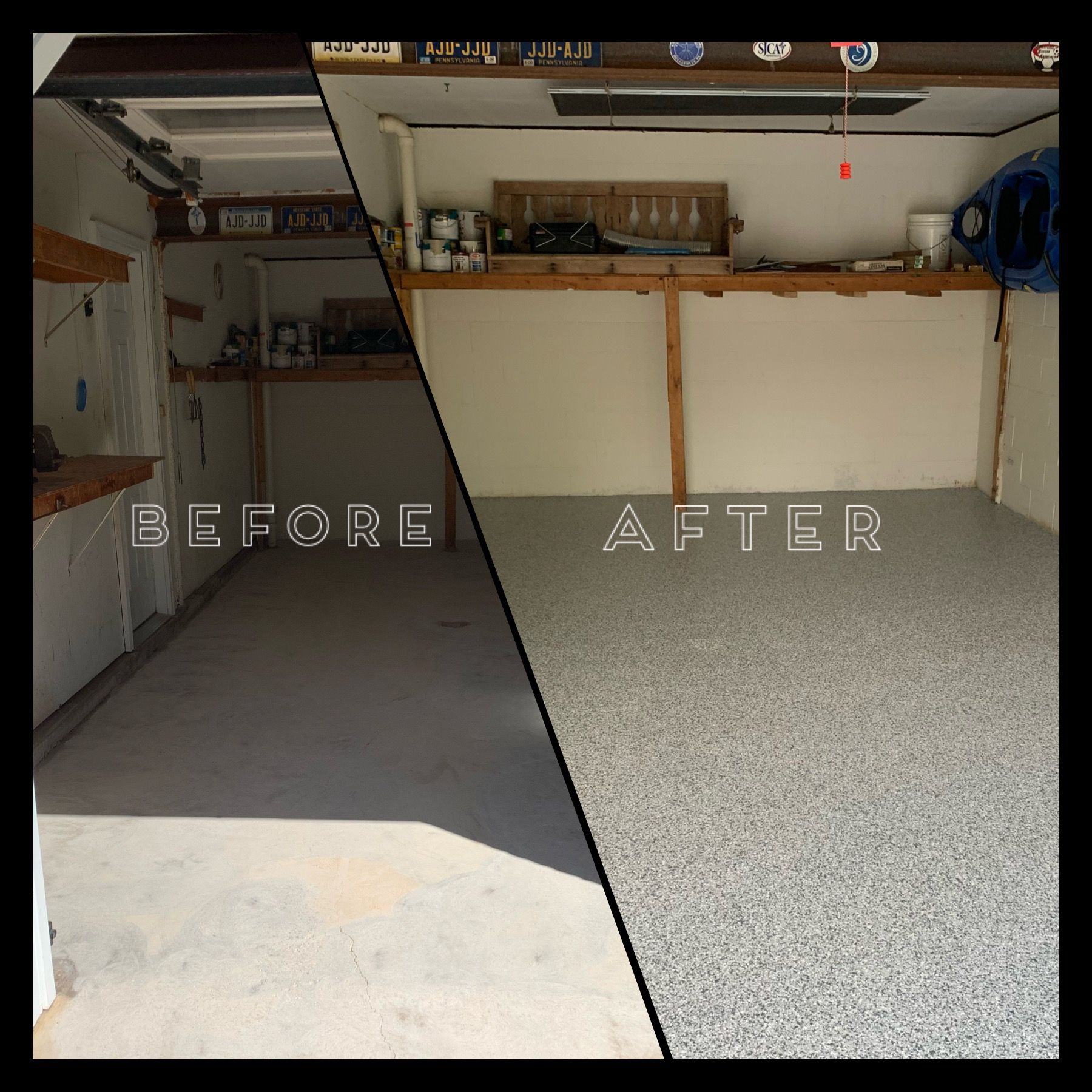 Garage floor before-and-after: plain concrete on left, speckled epoxy coating on right