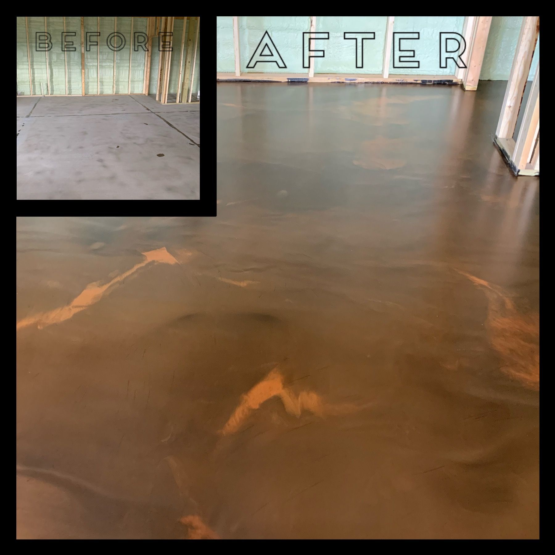 Before-and-after view of a smoothed brown concrete floor in a room under construction.
