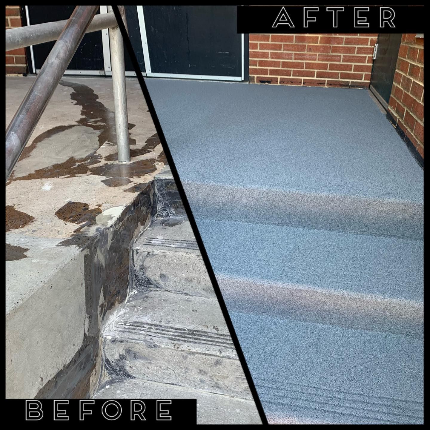 Before-and-after of a concrete step replaced with a blue carpeted ramp leading to a brick building entrance.