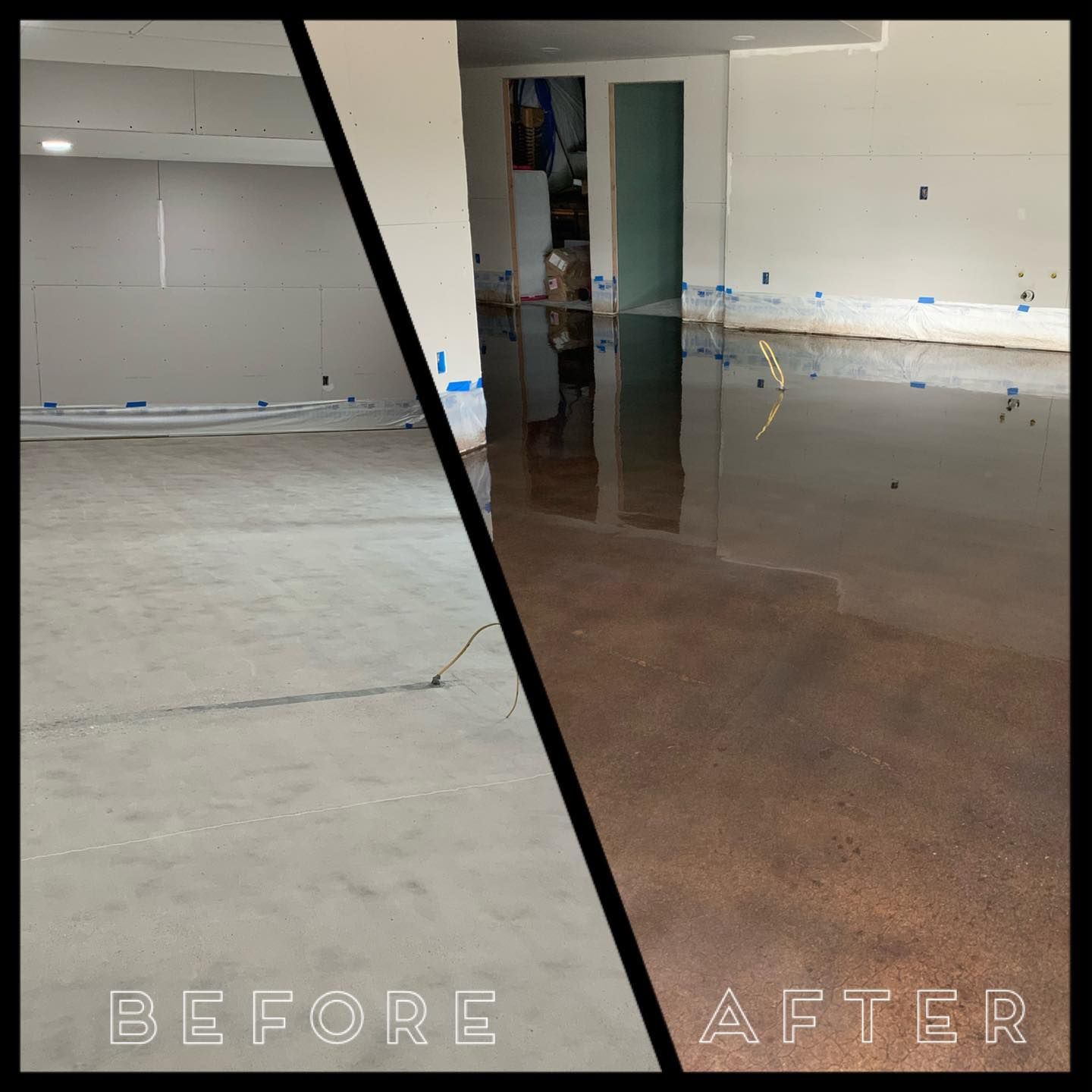 Split-view of a room floor before and after flooding; dry gray concrete on left, water-covered brown floor on right.