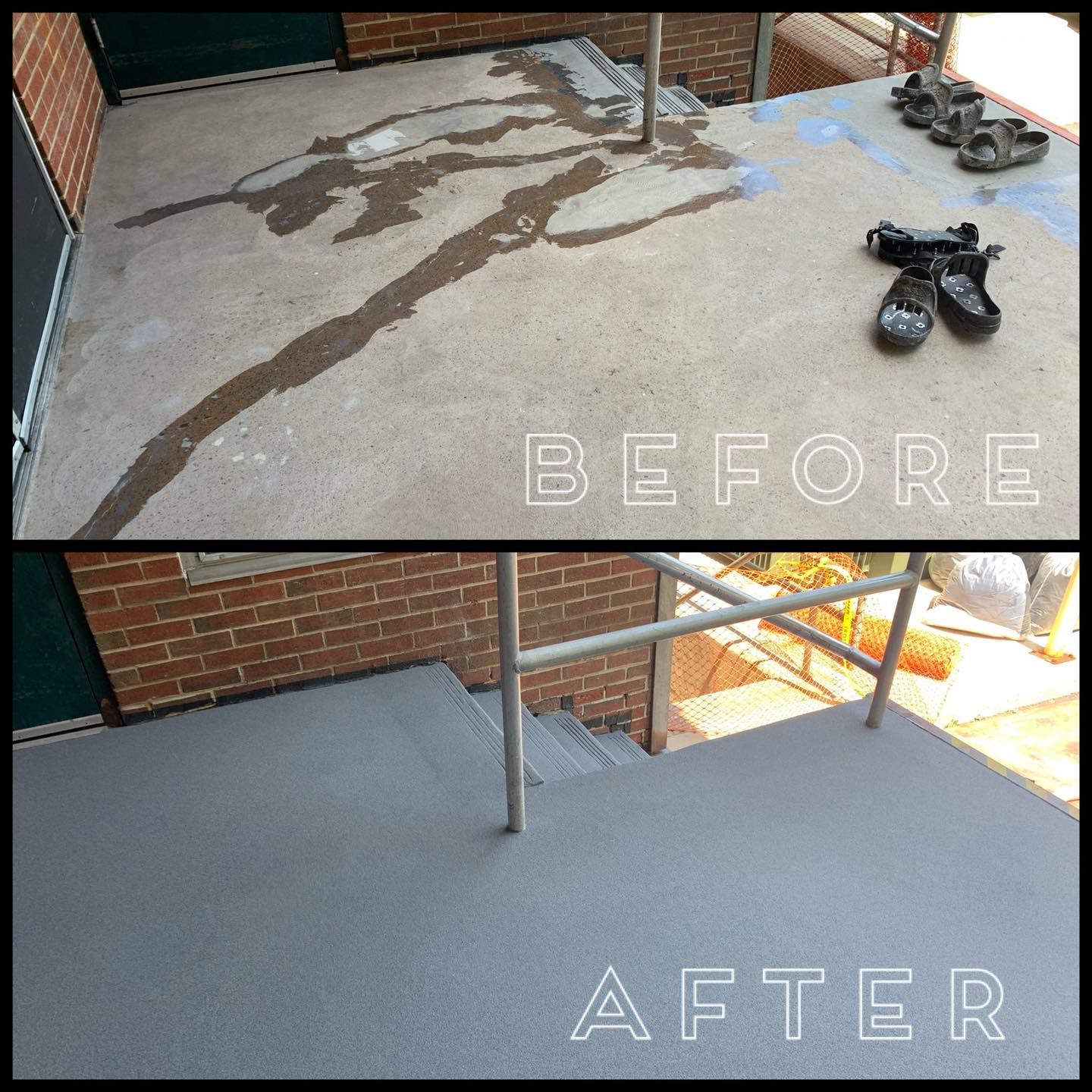 Before-and-after porch floor repair: cracked concrete replaced with smooth gray coating.