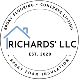 Logo for Richards' LLC with house icon and text for epoxy flooring, concrete lifting, and spray foam insulation.