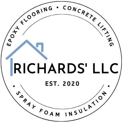 Logo for Richards' LLC with house icon and text for epoxy flooring, concrete lifting, and spray foam insulation.