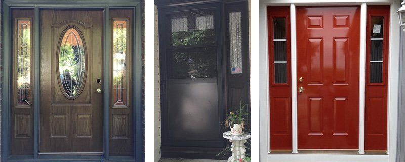 Three doors in a row: brown with oval window, black, and red with side windows.