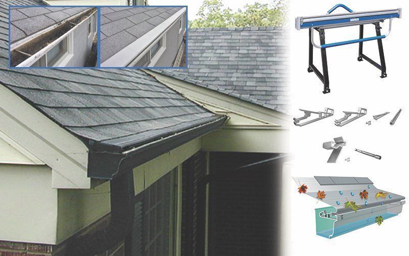 Roofing work: Roof with gutters, tools, and bending machine.