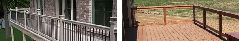 Decks with railings. One is white with vertical bars, the other is brown wood.
