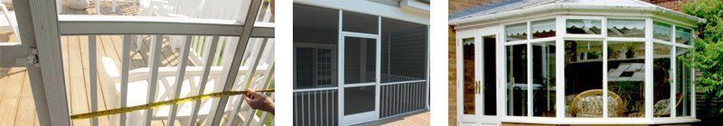 Three different outdoor structures: a railing, a screened door, and a glass-paneled sunroom.