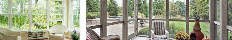 Sunroom with multiple windows overlooking a green, natural outdoor space with a brick-like pot.