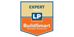 Expert Member badge for LP BuildSmart Preferred Contractor; orange, blue, and gold colors.