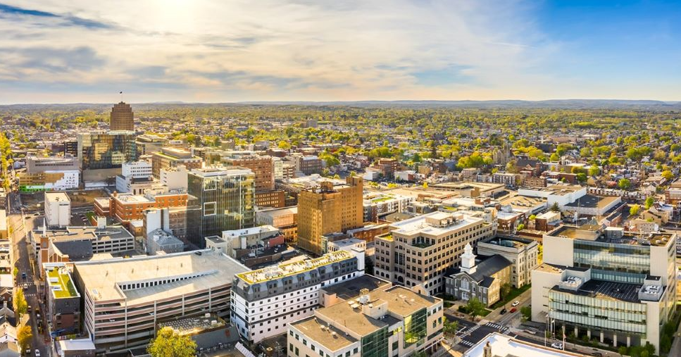 an aerial view of a city with lots of buildings and trees
