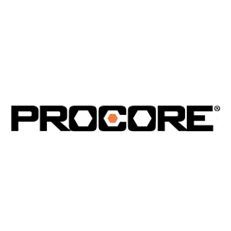Procore logo in black with orange hexagon icon on white background